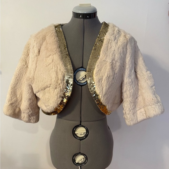 Neutral colored 100% rabbit fur and gold sequin bolero shrug Size L/XL - Picture 1 of 3